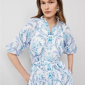 NWT Ann Taylor Blue and White Floral Split Neck Flare Dress with belt size 12